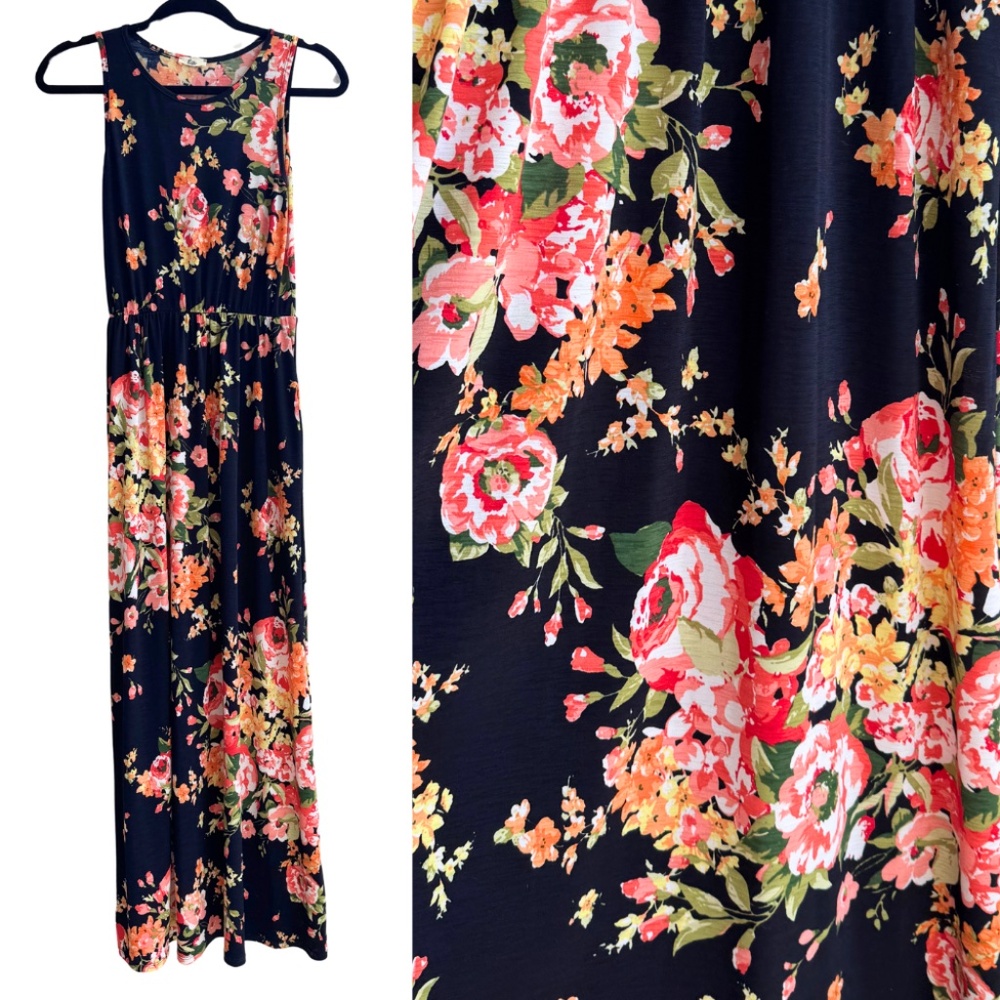 Navy & Pink Floral Stretchy Sleeveless Maxi Dress